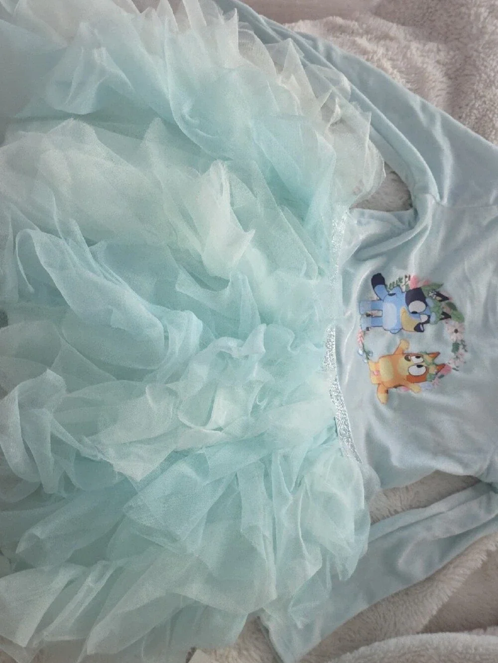 H&M Bluey And Bingo  Light Aqua Ruffle Tutu Dress with Cartoon Front Characters